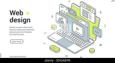 Web design and development isometric banner. Vector illustration template with laptop for creating a modern responsive landing page. User interface an Stock Vector