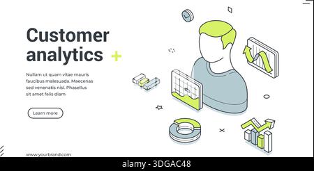 Web banner for customer analytics. Isometric vector illustration template for data research. Modern design with user profile and charts for marketing Stock Vector