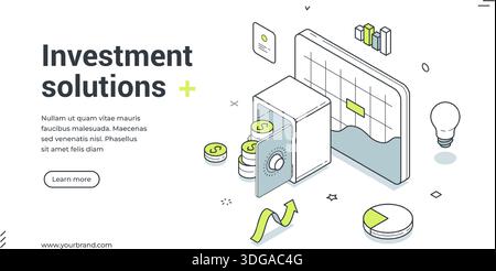 Web banner for investment solutions. Isometric vector illustration template for finance and banking. Modern design with safe, money, charts for busine Stock Vector