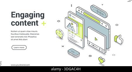 Isometric web banner for engaging content creation. Vector illustration template with browser windows, social media interface for digital marketing, b Stock Vector