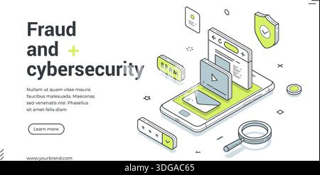 Web banner for fraud and cybersecurity. Isometric vector illustration template for data protection and internet security. Modern design with smartphon Stock Vector