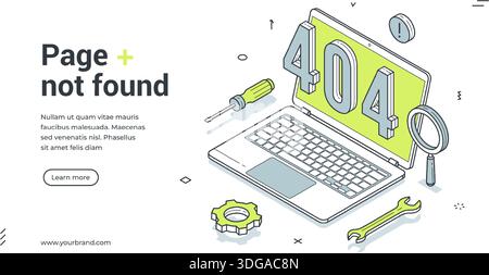 Isometric web banner for 404 error page not found. Vector illustration template with laptop and repair tools. Modern landing page for website under co Stock Vector