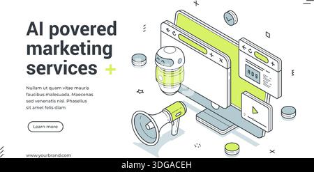 Web banner for AI powered marketing services. Isometric vector illustration template for digital promotion. Modern design with robot, computer for bus Stock Vector