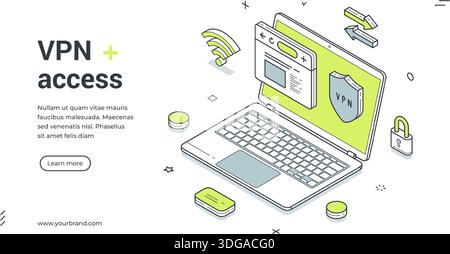 Web banner for VPN access. Isometric vector illustration of a secure internet connection with laptop and privacy shield. Modern template for a technol Stock Vector