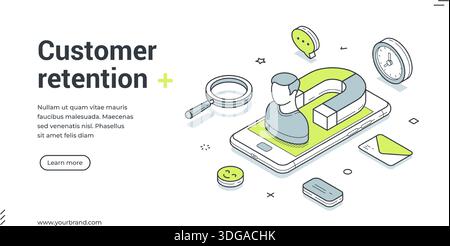 Web banner template for customer retention. Isometric vector illustration showing marketing magnet attracting a user. Modern design for a landing page Stock Vector