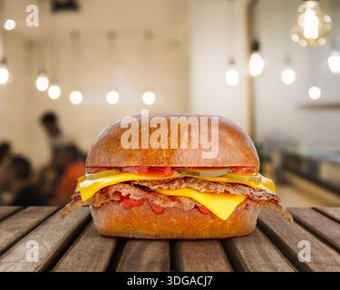 burger with double patty and cheese on the background of the bar Stock Photo