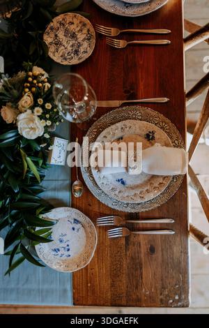 top down view of place setting at formal dinner table Stock Photo