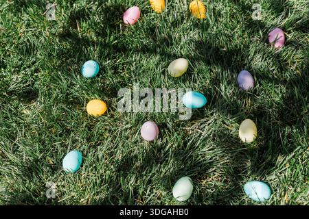 Plastic Easter eggs laying in the green grass. Stock Photo