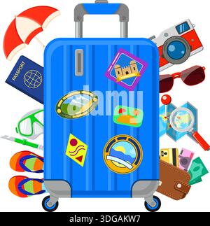 Vacation, Tourism and Summer Concept with Flat Icons for Web Site, Advertising like suitcase with passport, map, wallet, camera and diving mask. Isola Stock Vector