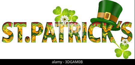 Happy Saint Patrick's Day Paper Cut with Hat and Shamrock for web banners, flyer, poster and printing advertising. Isolated vector illustration Stock Vector