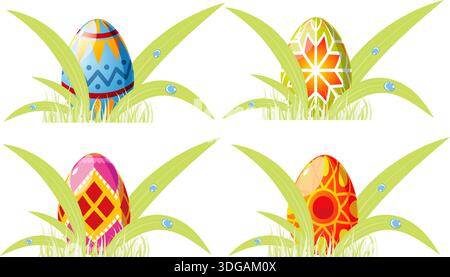 Easter eggs with ornament in grass with bee, element for design, vector illustration Stock Vector