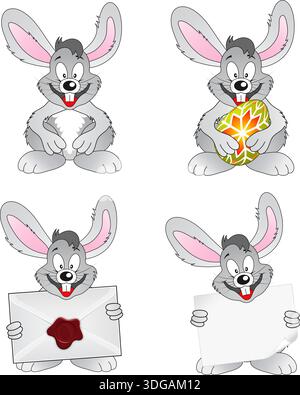 Set Easter Rabbit with Egg, Envelope, Blank Sheet of Paper, Isolated on White Background, vector Stock Vector