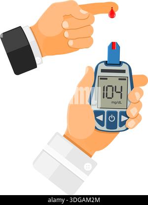 Doctor hand holds blood glucose meter and finger with blood drop. Sugar level testing, treatment, monitoring and diagnosis of diabetes concept. icon i Stock Vector
