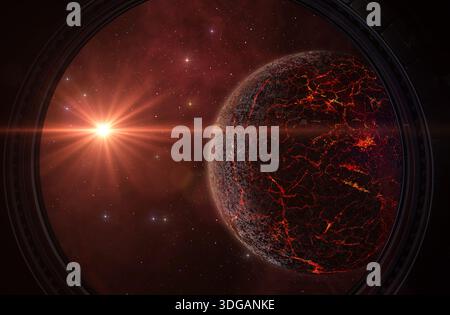 Alien volcanic planet with lava cracks and red sun in distant galaxy, seen through a spacecraft window. Elements of this image furnished by NASA. Stock Photo