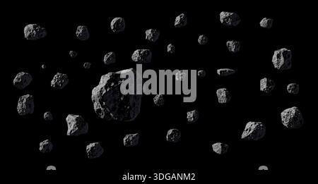 Asteroid belt or stones or meteorites isolated on black. Swarm of asteroids or space debris. Stones, rocks floating in the air isolated on black. Stock Photo