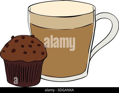 Coffee and Muffin Icon, Breakfast Concept composition hand drawn illustration. Vector graphic line ink colored art. For poster, invitation, backdrop, Stock Vector