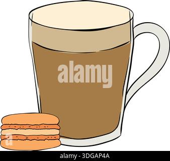 A simple illustration of coffee and macarons composition hand drawn illustration. Vector graphic line ink colored art. Use for cosmetic package, shop, Stock Vector