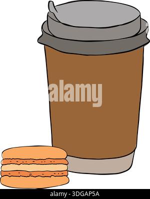 cup of coffee with macaron icon vector macaroons sign composition hand drawn illustration. Vector graphic line ink colored art. For logo, web, package Stock Vector