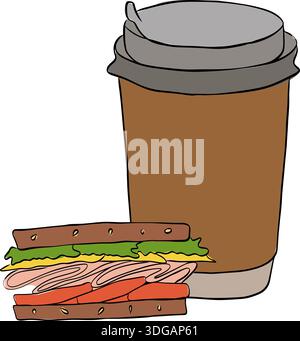Coffee drink, food, coffee, cup, sandwich, composition hand drawn illustration. Vector graphic line ink colored art. for package, holiday design, fabr Stock Vector