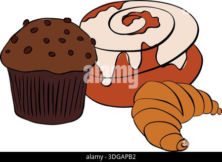 Bakery stickers in retro cartoon style. Muffin, cinnabon, croissant Freshly baked collection doodle illustration composition hand drawn illustration. Stock Vector