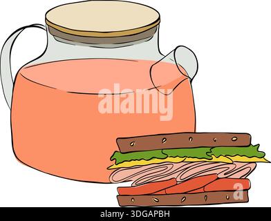 Summer Lunch Lemonade Jug, Sandwich and Burger Vector Illustration composition hand drawn illustration. Vector graphic line ink colored art. For logo, Stock Vector
