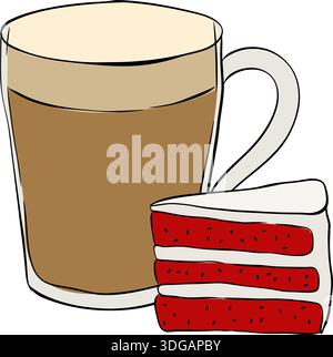 Cup of Coffee and Piece of Cake Icon composition hand drawn illustration. Vector graphic line ink colored art. For poster, invitation, backdrop, ad, s Stock Vector