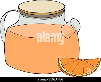 Yellow teapot with orange lemon slice composition hand drawn illustration. Vector graphic line ink colored art. for package, holiday design, fabric an Stock Vector