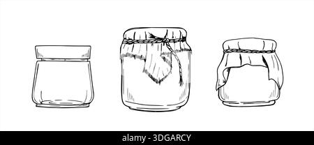 Glass jars with jam, honey or preserves clip art outline vector isolated illustration. Etching drawing of healthy conservation. Stock Vector