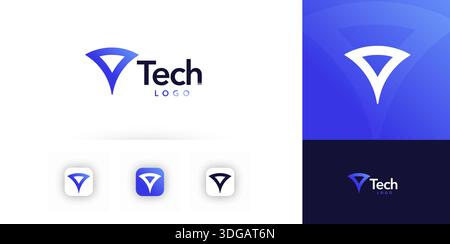 Minimalistic Geometric Blue Logo Template Abstract Letter T Logotype Concept AI Innovate Technology Startup Business Transformation Unique Symbol Sign Stock Vector