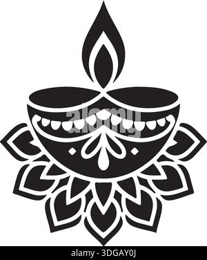 Traditional Diwali Diya Oil Lamp Silhouette Vector Icon with Floral Lotus Design Stock Vector