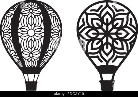 Hot Air Balloon Silhouette vector floral mandala design illustration artwork Stock Vector