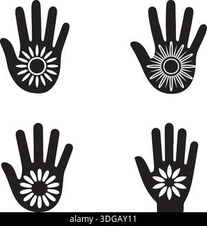 Human Hand with Sun Flower Palm Silhouette and Vector Icon Set for Design Layouts Stock Vector