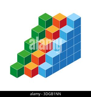 Multi color block. Isometric cube Vector. Geometric prism element. Vibrant stair stack structure. EPS 10. Stock Vector