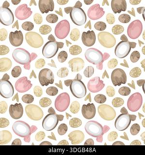 Hand-drawn seamless pattern made of Easter eggs, bird eggs and bows and hearts and cracked eggshell, Easter decorative background Stock Vector
