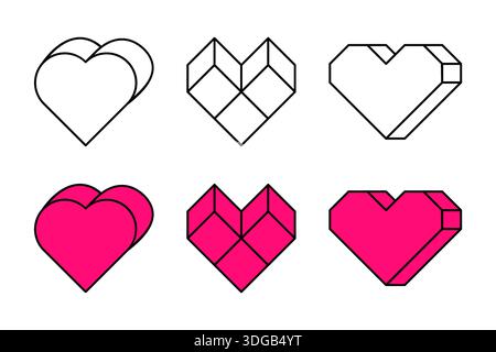 3D geometric heart icons set, outline and colored versions. Heart made of cubes. Simple 3D heart. Ideal for love, romance, Valentine’s Day, branding, Stock Vector