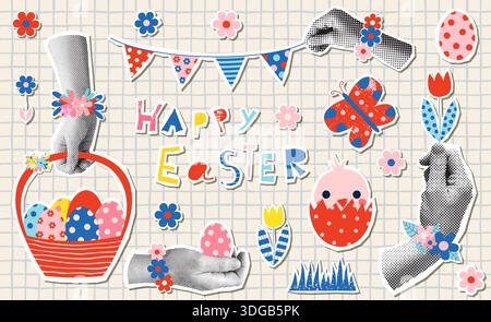 Easter vector halftone collage with hands holding Easter basket with eggs, bunting, flowers, cute cutout illustration shapes, graphic design elements Stock Vector