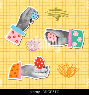 Vector greeting card, flyer or poster with hands holding Easter eggs, Halftone collage style background Stock Vector