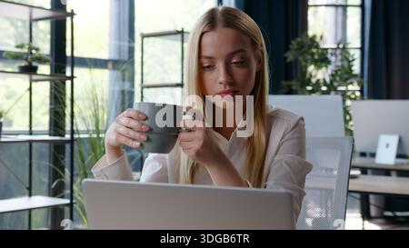 Focused concentrated Caucasian businesswoman drinking coffee tea holding cup drink looking in laptop screen business woman female girl employer Stock Photo