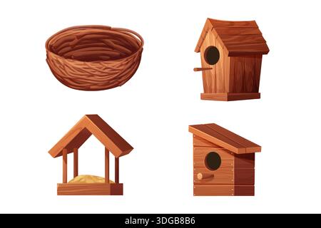 Bird nest, bird house set isolated. Empty nest from wood and sticks branches. Forest bird home. Spring new life. . Vector illustration Stock Vector
