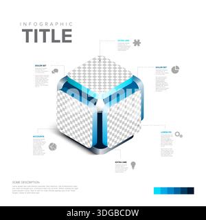 This isometric infographic features a 3D cube with customizable photo placeholders panels. The modern 3D cube uses a sleek infographic design to displ Stock Vector