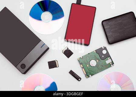 Multiple storage devices, pendrive, memory cards. Backup data Stock Photo