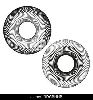 Wire torus set. Mesh ring pair. Geometric grid Vector. 3d circle group. EPS 10. Stock Vector
