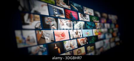 Media concept video wall with small screens, streaming service or VOD concept Stock Photo