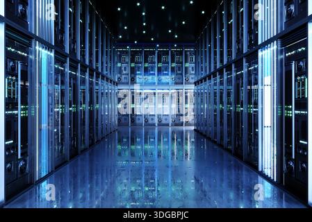 Futuristic Data Center Interior with Modern Server Racks Stock Photo