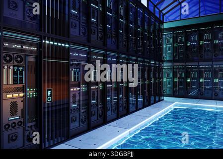 Futuristic Data Center Interior with Modern Server Racks and water cooling Stock Photo