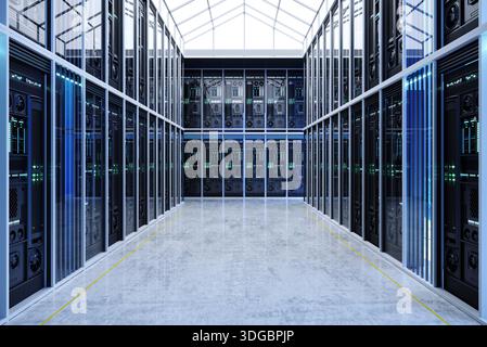 Futuristic Data Center Interior with Modern Server Racks Stock Photo