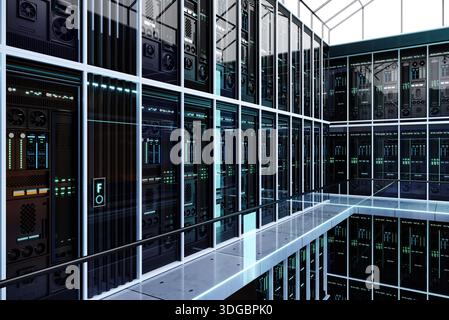 Futuristic Data Center Interior with Modern Server Racks Stock Photo