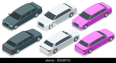 Isometric limousine car set in different colors, luxury transport viewed from front and rear angles. Premium vehicle concept for business, security Stock Vector