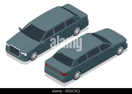 Isometric limousine car, luxury transport viewed from front and rear angles. Premium vehicle concept for business, security, VIP travel, chauffeur Stock Vector