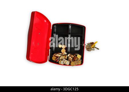 Open cash box with Euro coins and key isolated on white background. Copy space Stock Photo